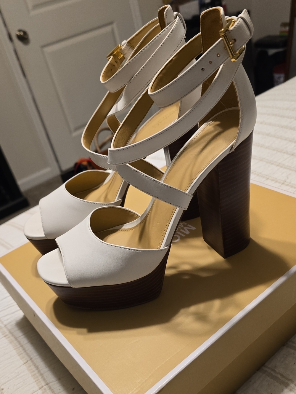 Michael Kors White Strappy Platform Block Heel Sandals